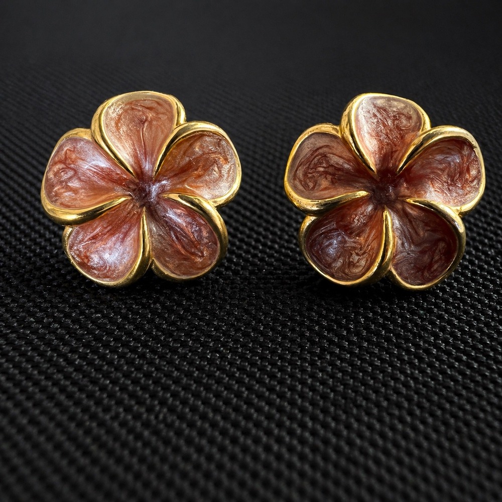 RDH Amber Enamel Plumeria Flower Stud Earrings Gold Tone Hawaiian Tropical